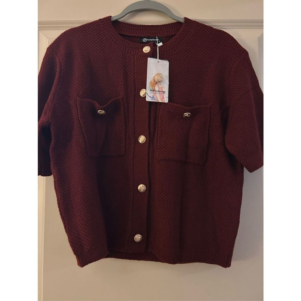 NEW Red Wine Short Sleeve Waffle knit Career Button down Sweater M